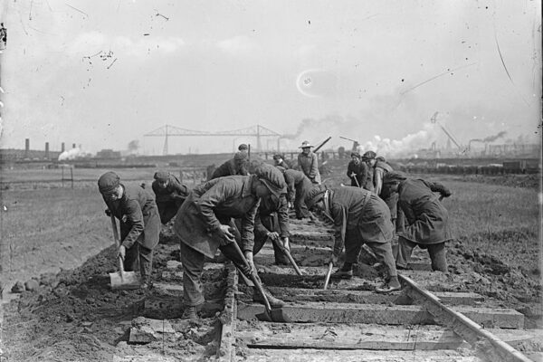 Laying a Railway Track Photo of women workers laying a new railway track at a yard on Teeside