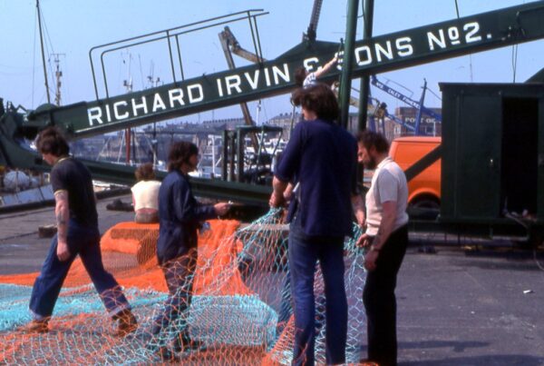 Photo of men working on nets at Richard Irvins North Shields Fish Quay 1960s