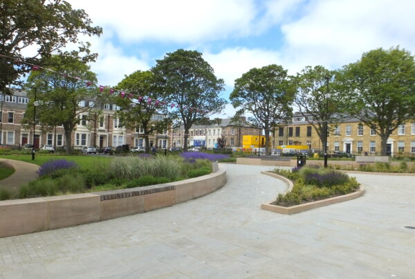 Photo across Northumberland Square looking Southwest towards Howard Street 2023
