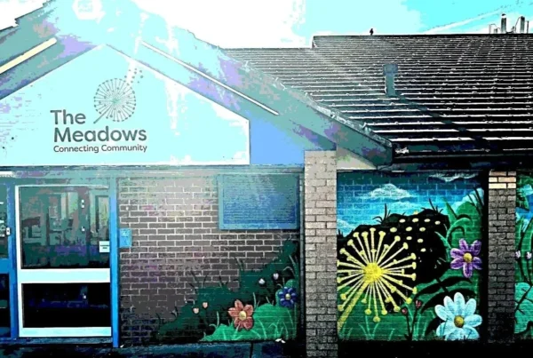 Photo of entrance and artwork at The Meadows Community Centre